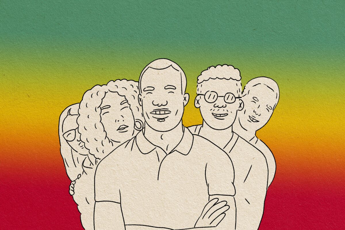 an illustrated staggered group of 5 people