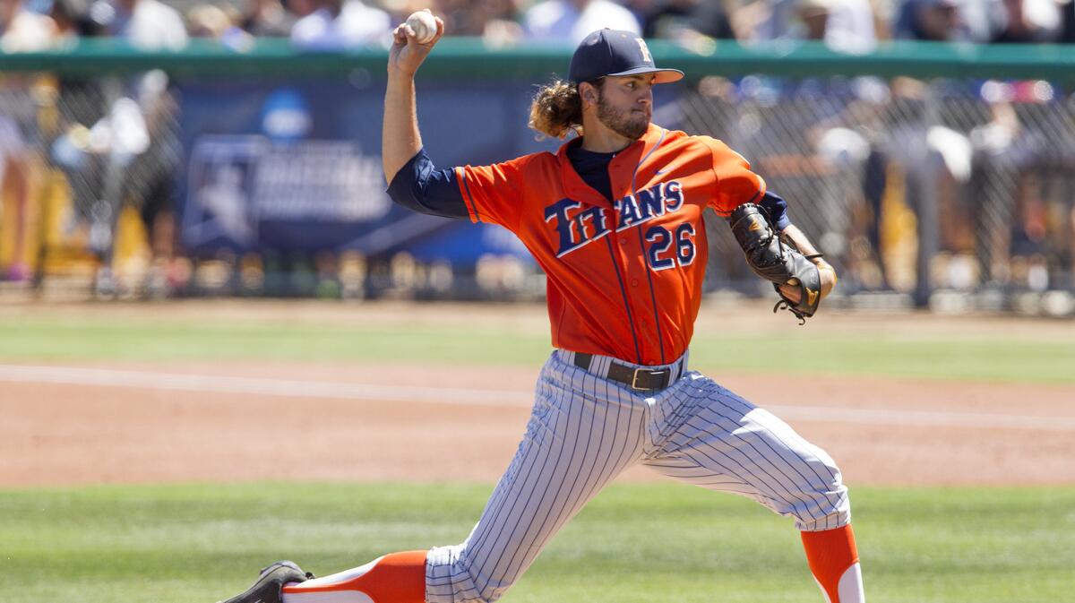 Cal State Fullerton starter Connor Seabold delivers a pitch against Long Beach State at Blair Field in Long Beach on Friday.