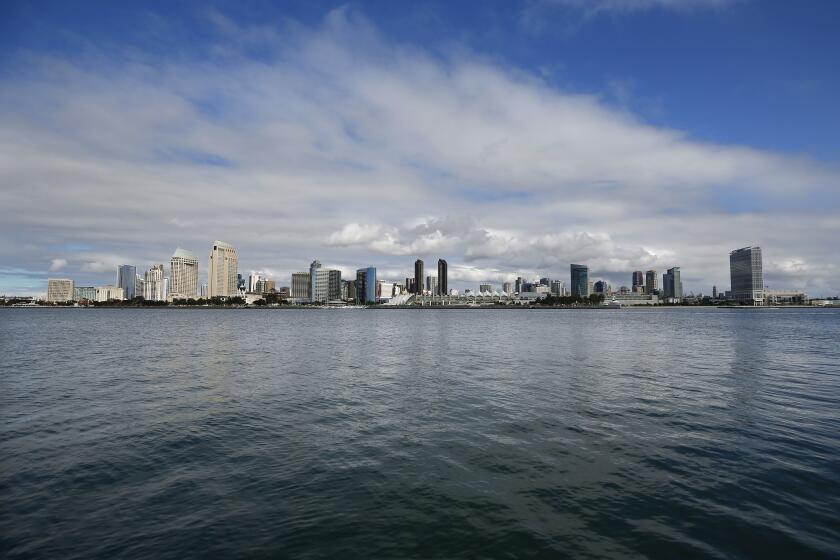 SAN DIEGO, CA - OCTOBER 25: Clouds move in behind the San Diego skyline on Sunday, Oct. 25. (K.C. Alfred / The San Diego Union-Tribune)