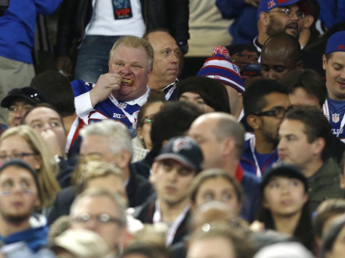 Toronto Mayor Rob Ford attends Sunday's game between the Buffalo Bills and Atlanta Falcons in Toronto.