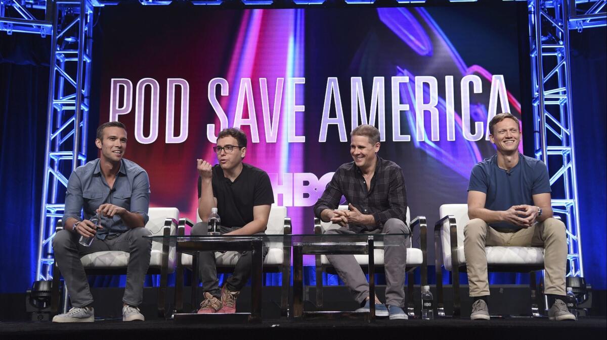 The "Pod Save America" panel at HBO's presentation Wednesday at TCA features co-hosts, from left, former Obama aide Jon Favreau, Jon Lovett, Dan Pfeiffer and Tommy Vietor.