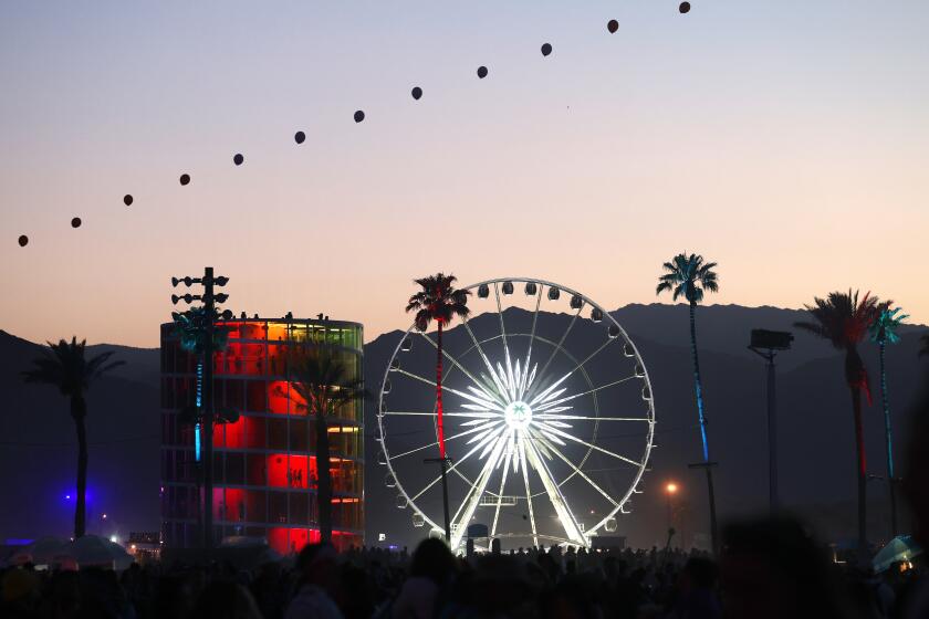 Indio, CA - April 17: The sun sets on the last day of the first weekend at Coachella on Sunday, April 17, 2022 in Indio, CA. (Dania Maxwell / Los Angeles Times)