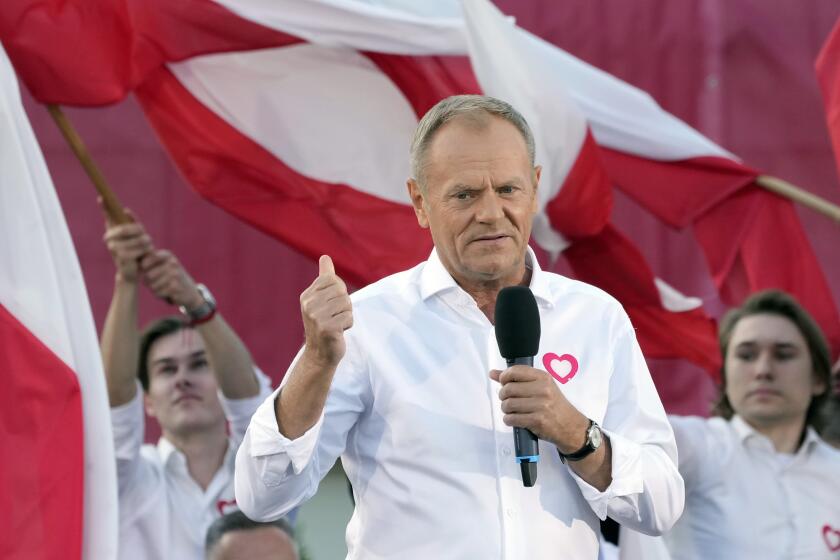 Poland's opposition leader and former prime minister, Donald Tusk, addressing an election campaign rally in Otwock, Poland, on Monday, Sept. 25, 2023. Tusk is leading a march in Warsaw on Sunday aimed at mobilizing supporters in his against-the-odds battle to unseat the right-wing government in the Oct. 15 parliamentary election. (AP Photo/Czarek Sokolowski)