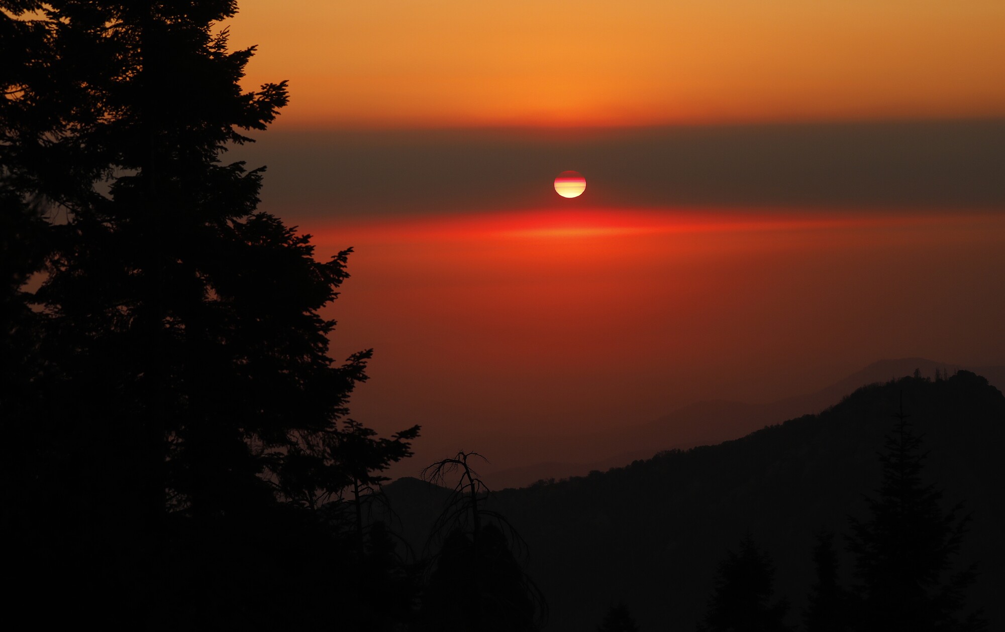 A band of dark smoke in front of a setting sun in the middle of a red-orange sky