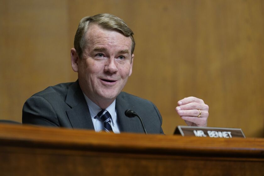 FILE - Sen. Michael Bennet, D-Colo., speaks during a Senate Finance Committee hearing on Capitol Hill in Washington, May 12, 2021. Bennett may represent a state that has voted solidly Democratic recently, but he could be vulnerable in November if his party gets hammered. The GOP nominated a challenger to Bennet who, unusually for a Republican, supports a ban on later-term abortions but otherwise supports abortion rights. (AP Photo/Susan Walsh, Pool, File)