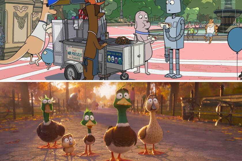In the top frame, a dog and robot get a hot dog. In the bottom frame, a duck family gathers, wide-eyed, in Central Park.