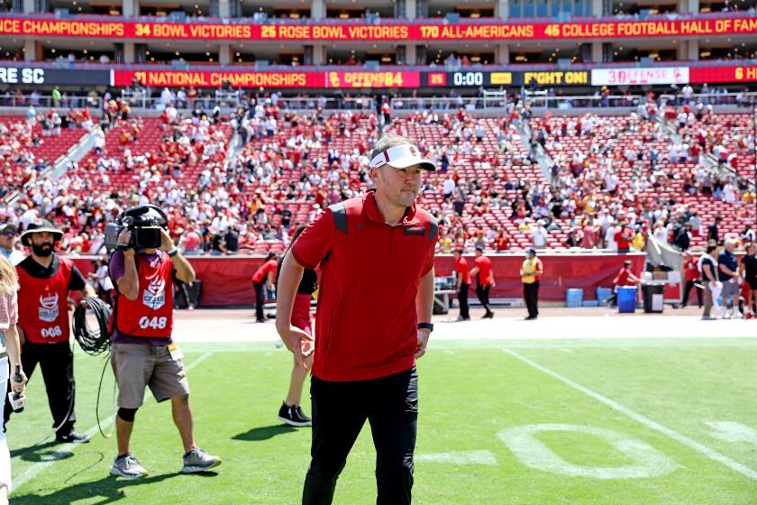 Head coach Lincoln Riley at the end of the USC Football Spring Game at the Los Angeles Memorial Coliseum 