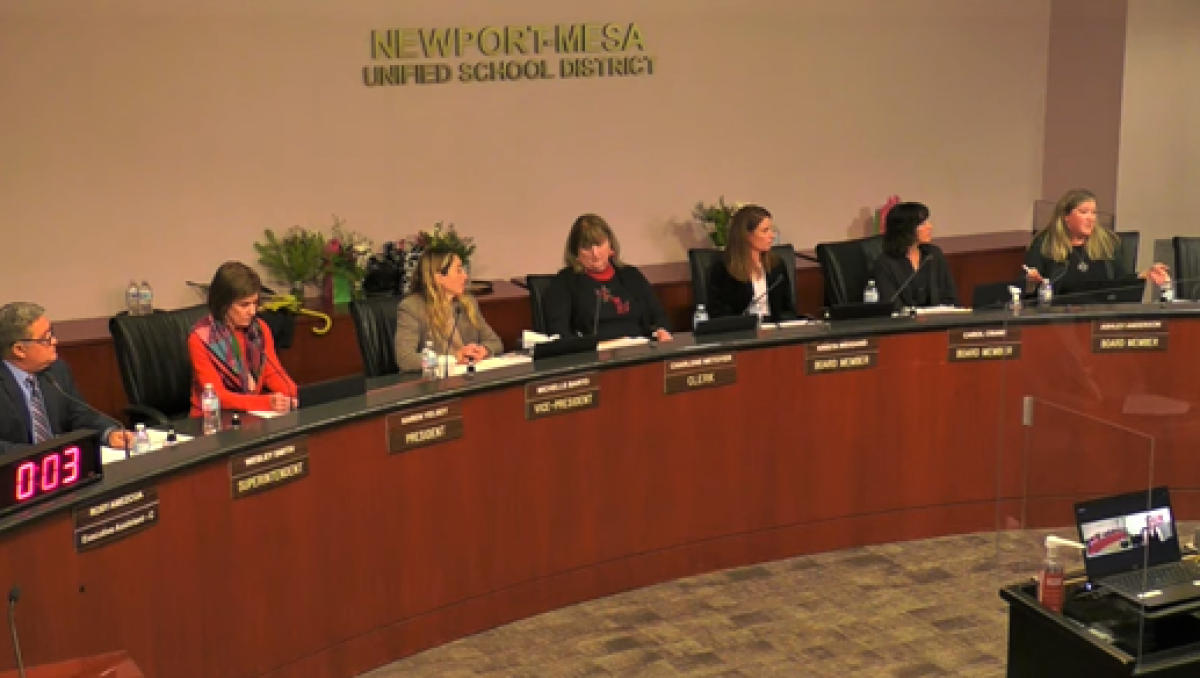 NMUSD trustee Ashley Anderson, far right, speaking at a board meeting Tuesday.