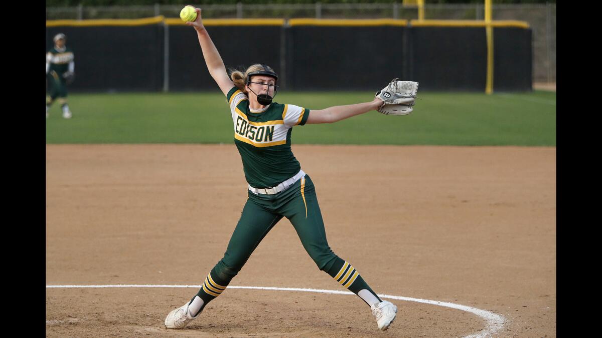 Edison's Jenna Bloom pitches for the Green team in the fifth inning of the Orange County Softball Coaches All-Star Classic on May 21 at Deanna Manning Stadium in Irvine.