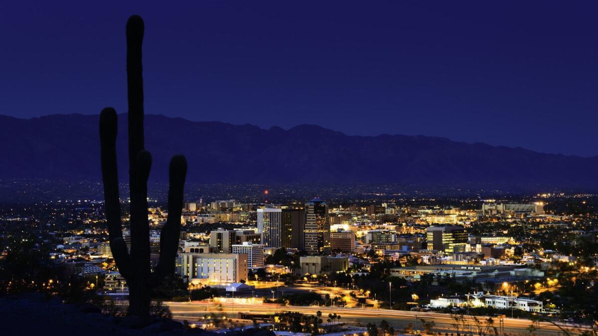 Tucson at night, framed by saguaro cactus and the Santa Catalina Mountains