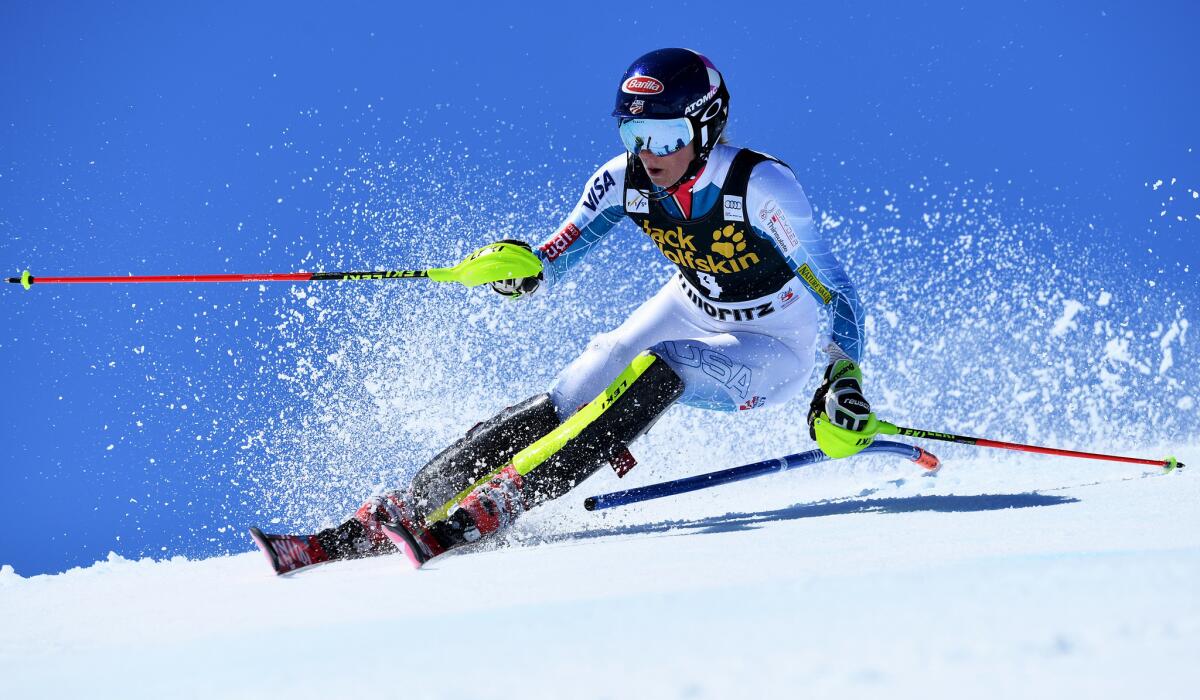 Mikaela Shiffrin competes in the World Cup slalom finals in St Moritz, Switzerland, on Saturday.