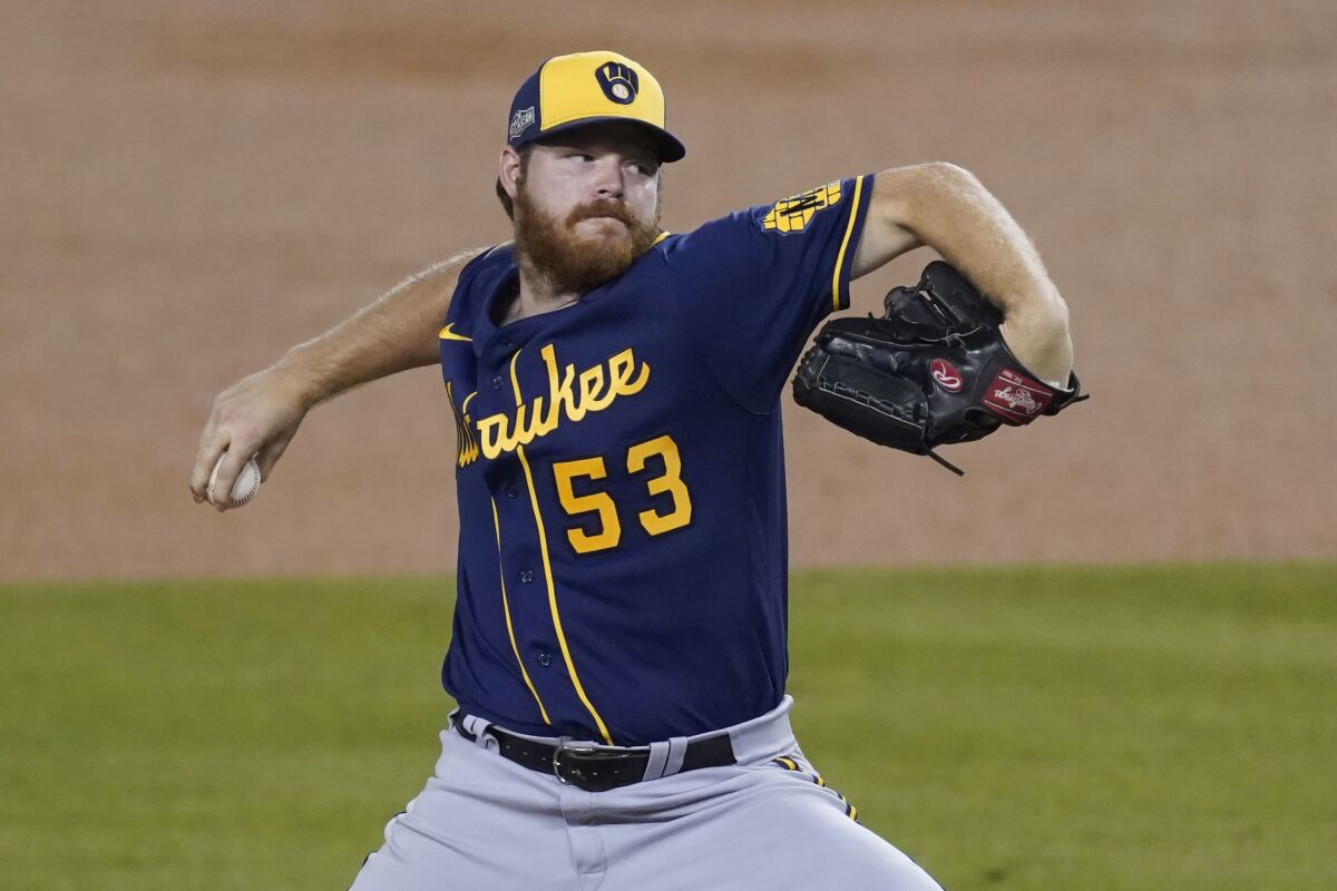 Milwaukee Brewers starting pitcher Brandon Woodruff delivers during Game 2.