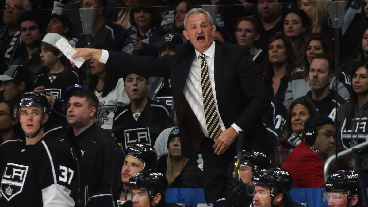 Kings Coach Darryl Sutter reacts to a penalty during a game against the Tampa Bay Lightning on Feb. 16.