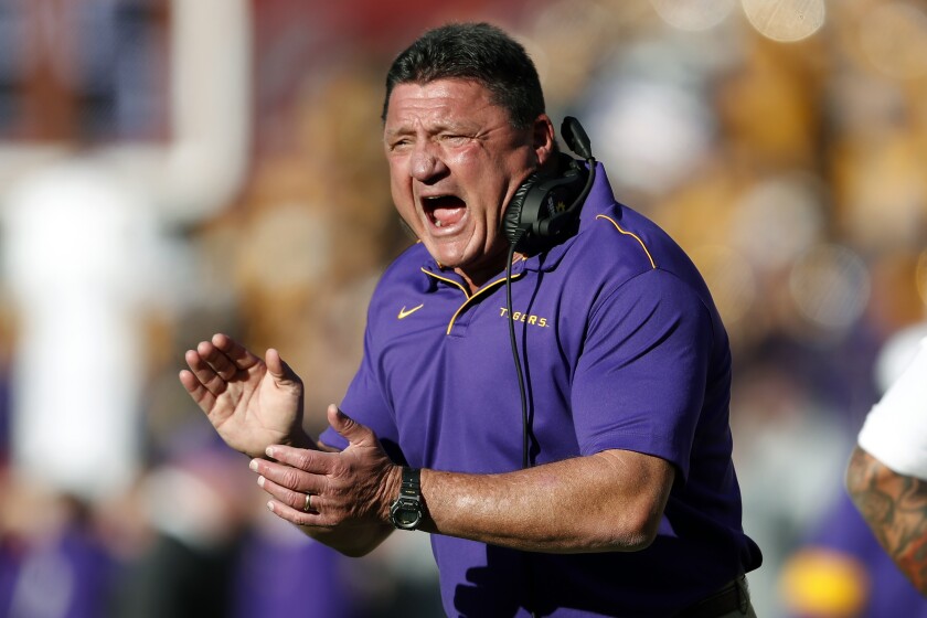 LSU coach Ed Orgeron reacts after a touchdown
