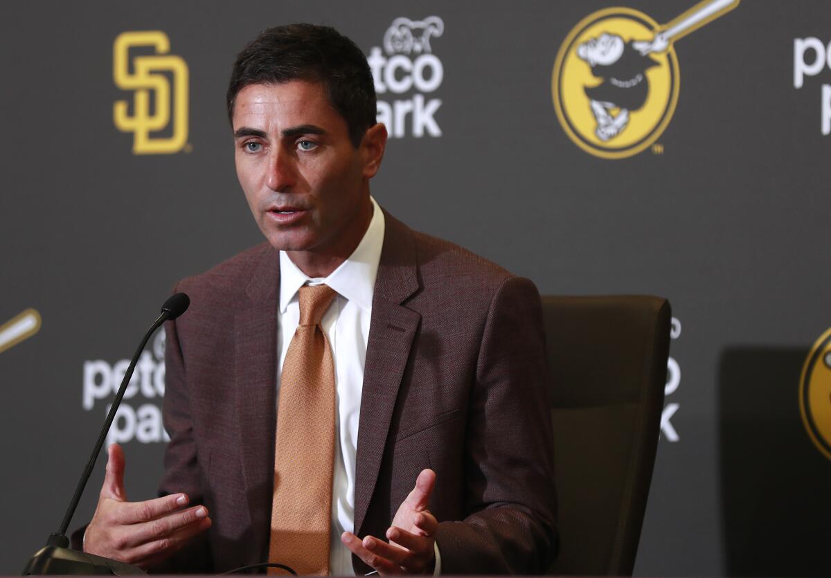 Padres President of Baseball Operations A. J. Preller speaks at a news conference