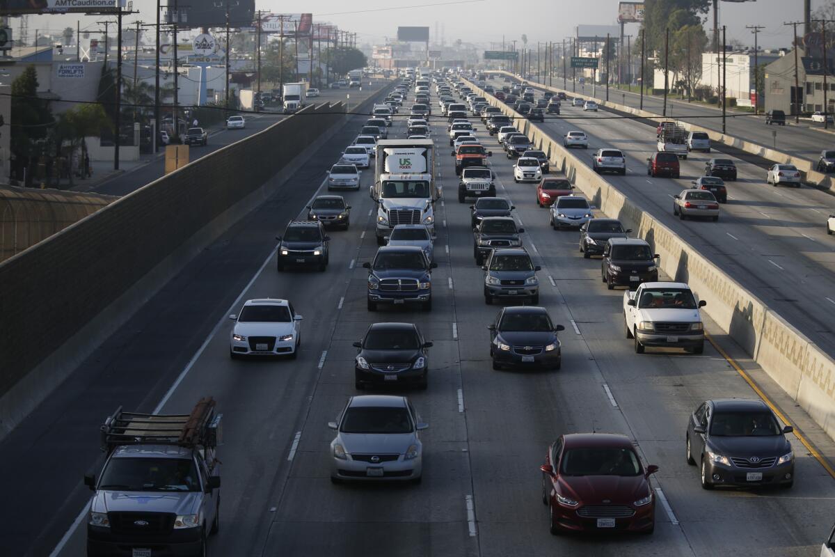 Traffic moves slowly southbound on the 5 Freeway between the 710 and 605 freeways in February.