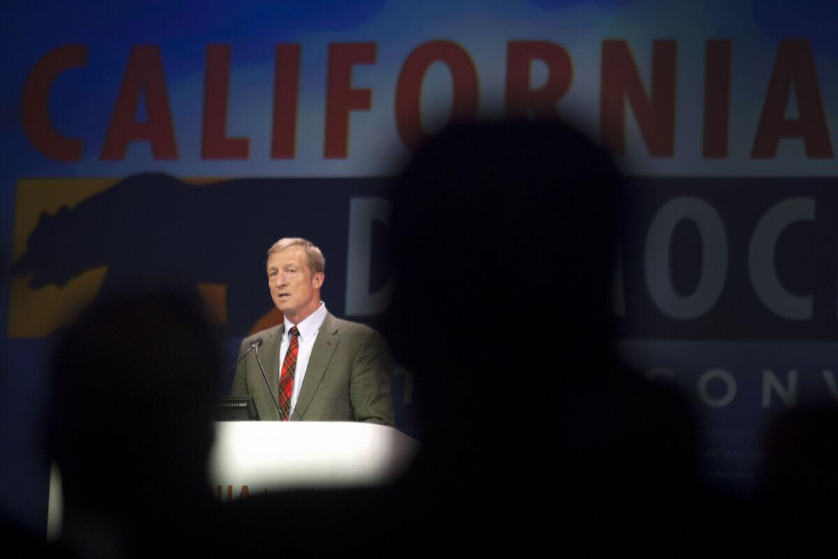 Tom Steyer, shown speaking at the California Democratic Convention in Los Angeles in March 2014, is weighing a run for the U.S. Senate seat being vacated by Barbara Boxer.