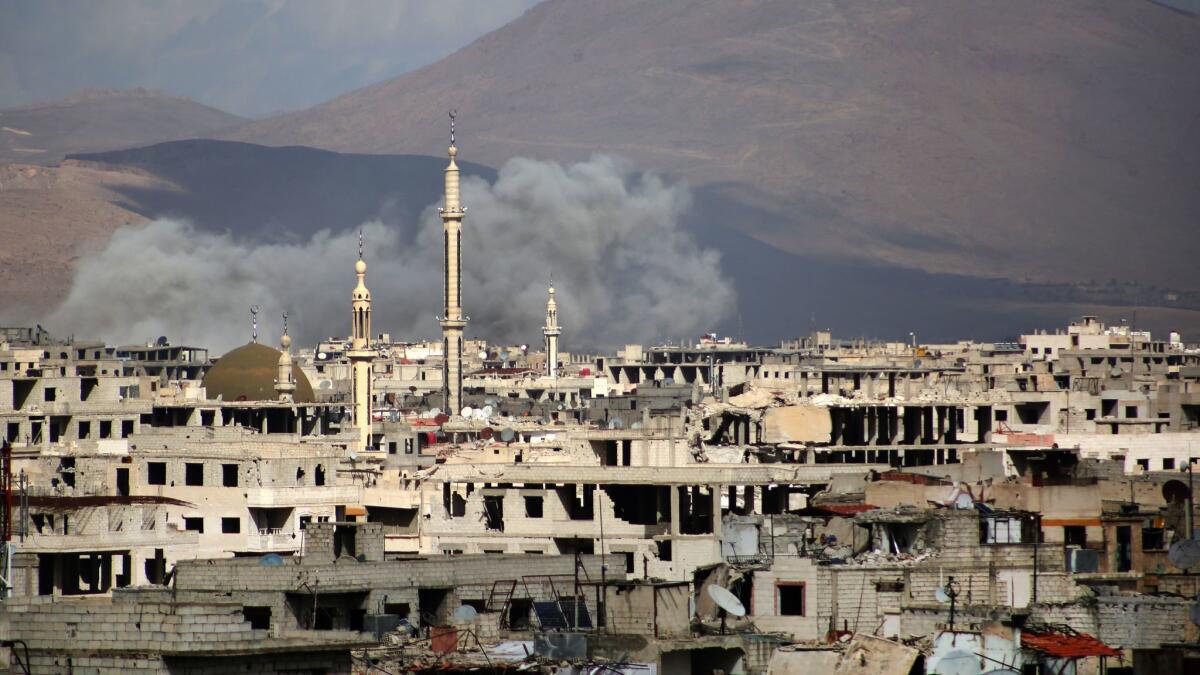 Bombardment in the rebel-held neighborhood of Jobar, on the eastern edge of the Syrian capital of Damascus.