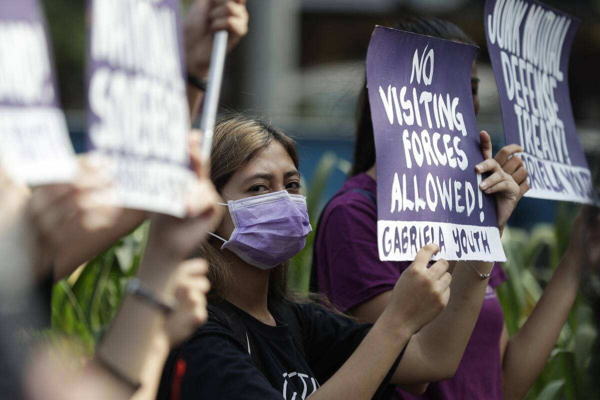 Protesters rally in March outside the U.S. Embassy in Manila against military exercises between the Philippines and the U.S. 