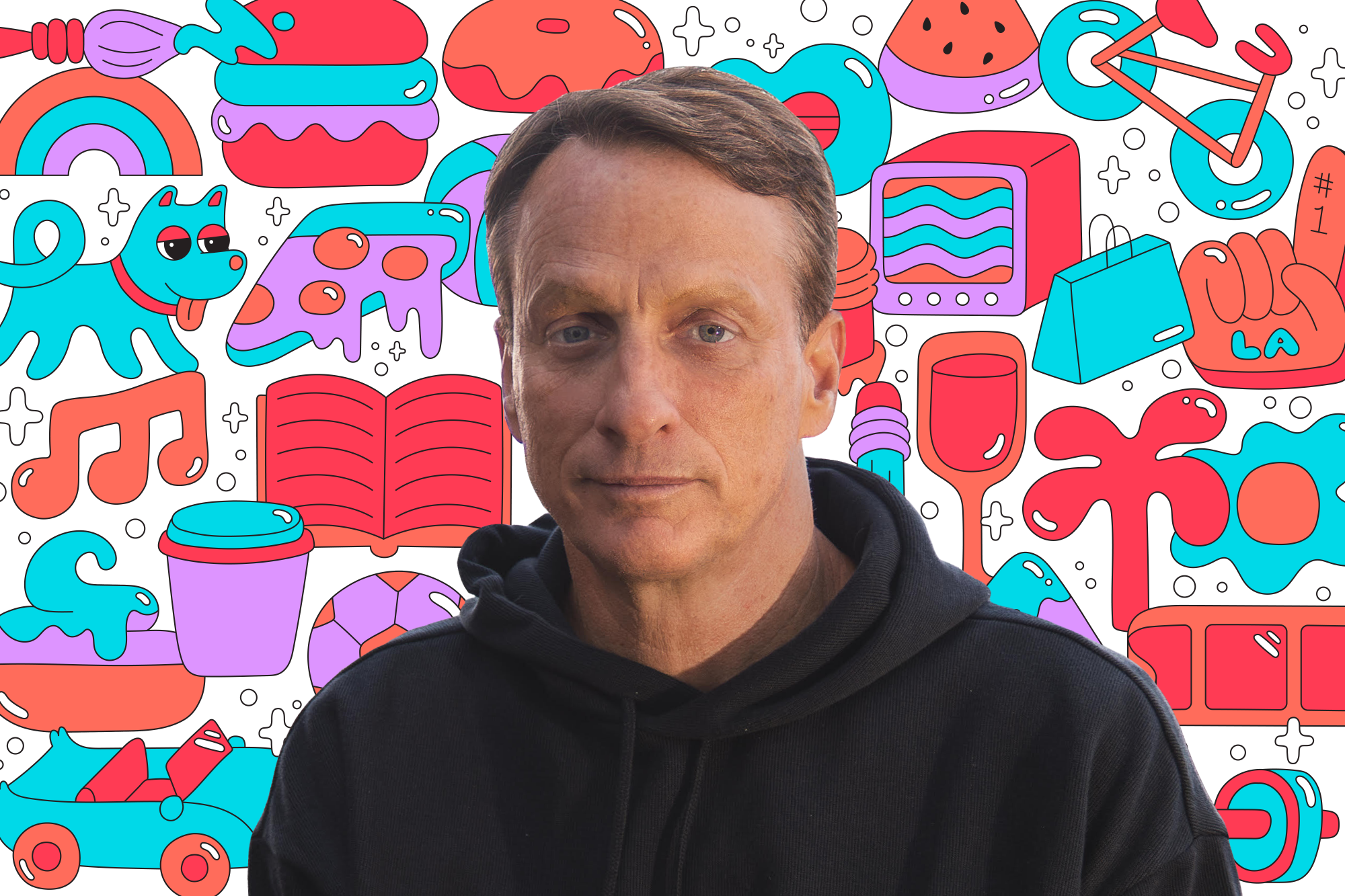 Photo of Tony Hawk on a background of colorful icons including a TV, a dog, a book, a bike and pizza.