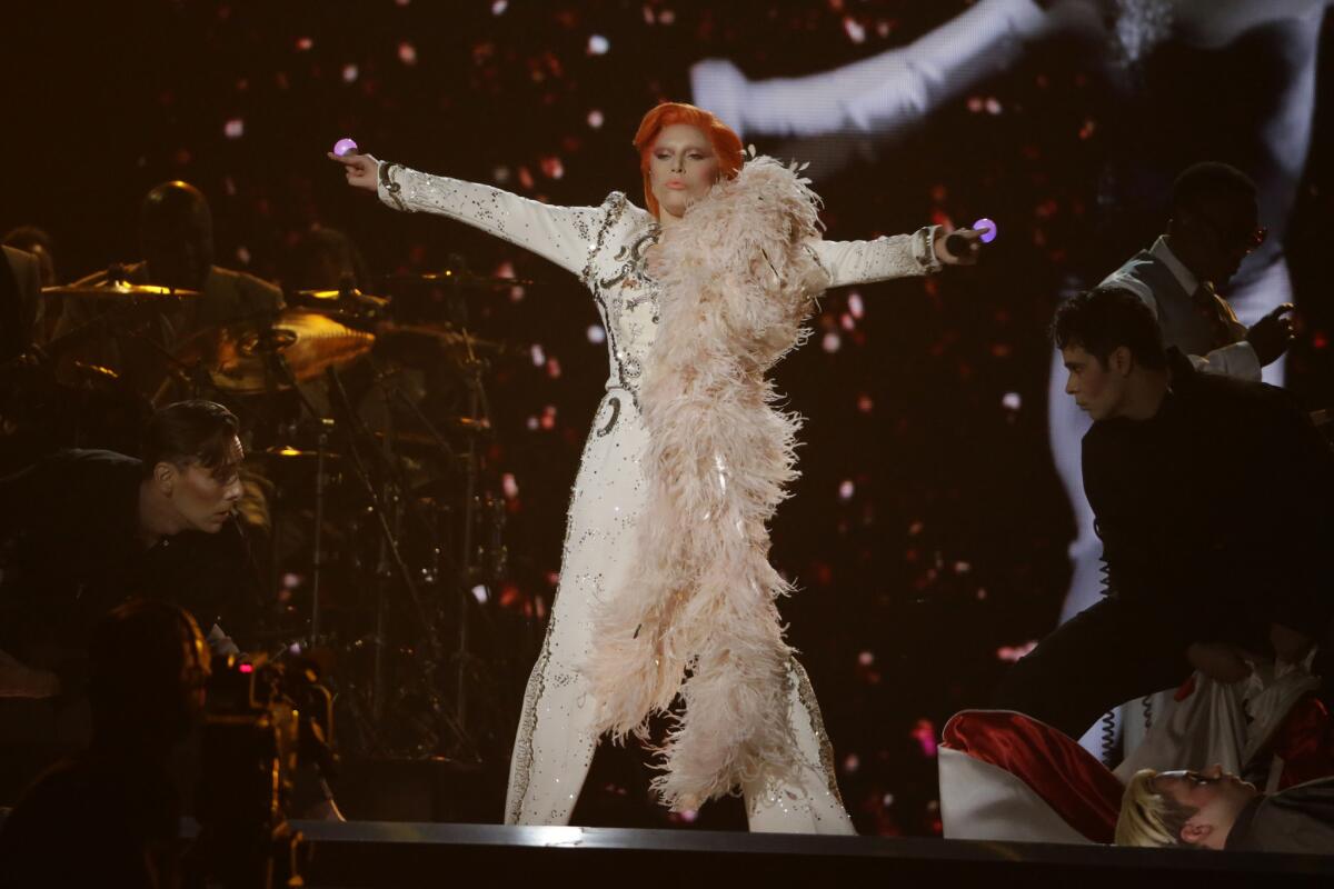 Lady Gaga performs her David Bowie tribute at the 58th Grammy Awards at Staples Center.