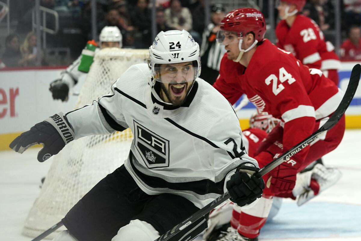 Kings center Phillip Danault celebrates one of his two goals against the Detroit Red Wings.