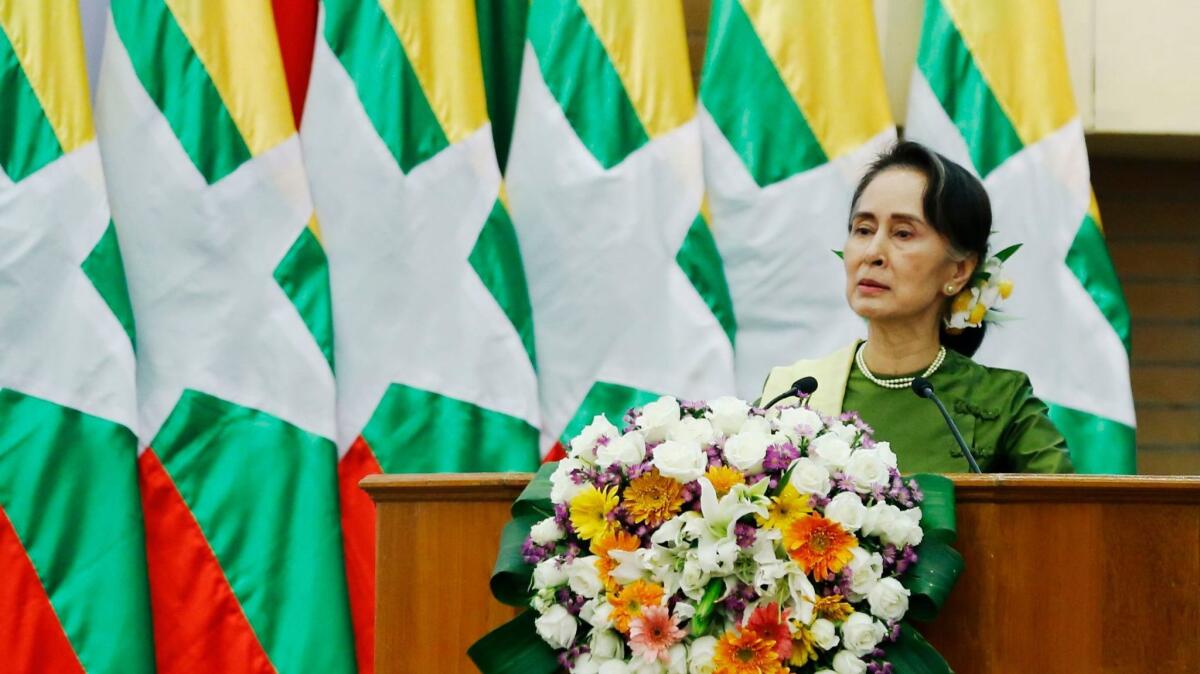 Aung San Suu Kyi speaks during the Conference on Justice Sector Coordination for Rule of Law in Myanmar on March 7.