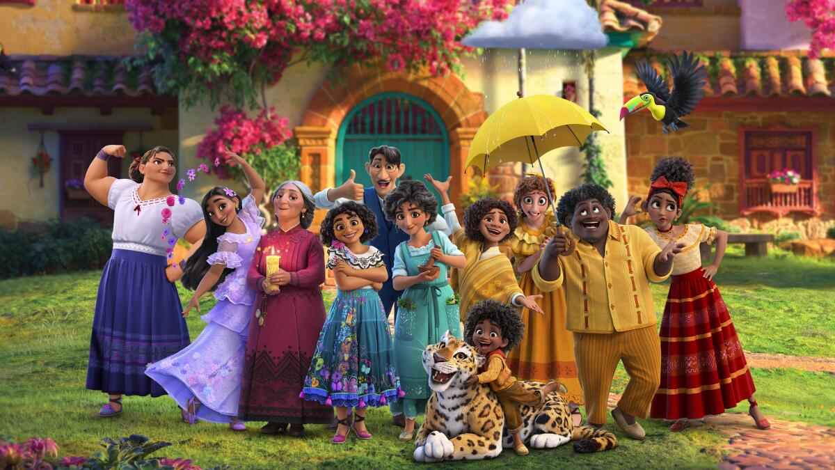 An animated scene of 11 people posing and smiling tiger 