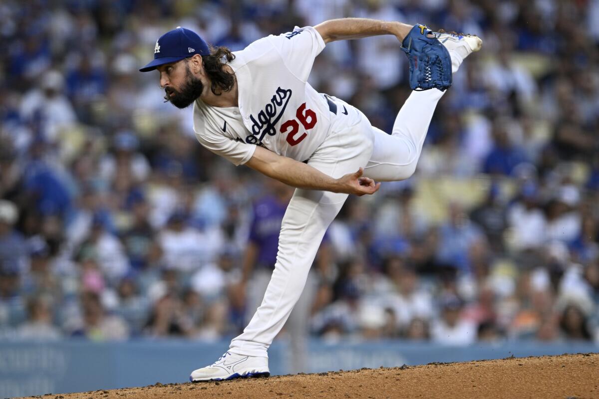 Dodgers starter Tony Gonsolin delivers against the Colorado Rockies on Saturday at Dodger Stadium.
