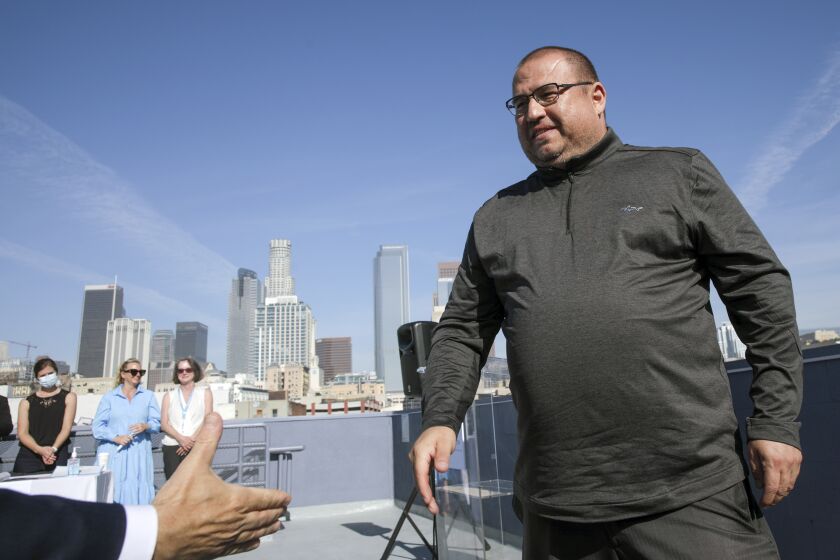 Los Angeles, CA - March 25: A wellness program participant Jerry Bardo at the opening of facility The Ron Beasley Wellness Center that offers free mental health services in the heart of Skid Row on Friday, March 25, 2022 in Los Angeles, CA. (Irfan Khan / Los Angeles Times)