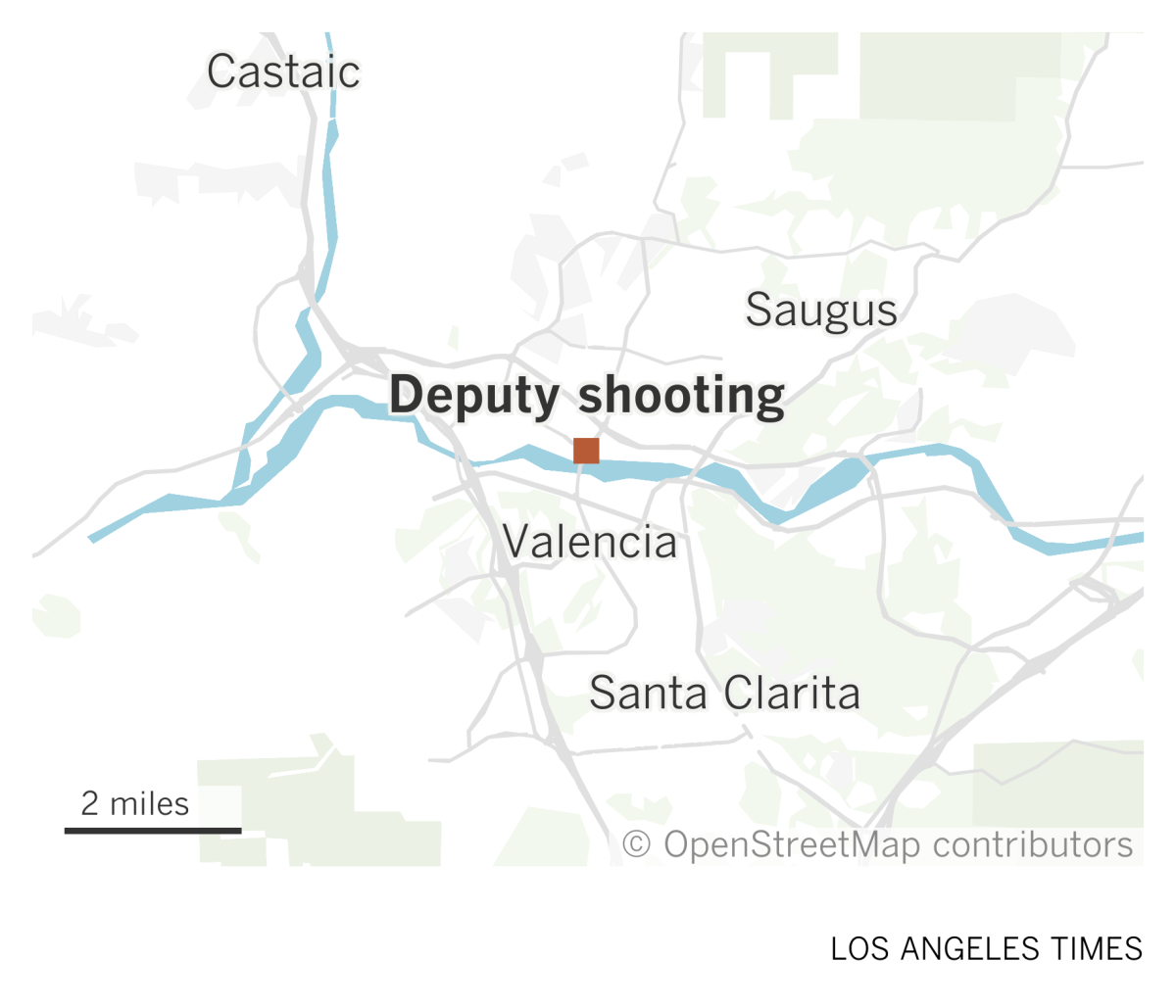 A map shows the location of a deputy shooting in the Santa Clarita Valley