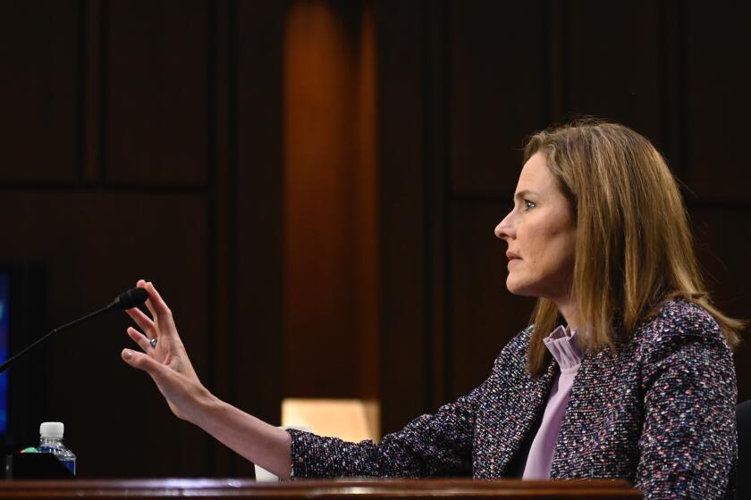 Supreme Court nominee Amy Coney Barrett testifies during the third day of her confirmation hearings before the Senate Judiciary Committee on Capitol Hill in Washington, Wednesday, Oct. 14, 2020.(Andrew Caballero-Reynolds/Pool via AP)