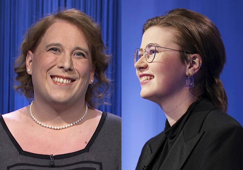 This combination of two separate photos shows contestants Amy Schneider, left, and Mattea Roach on "Jeopardy!" 
