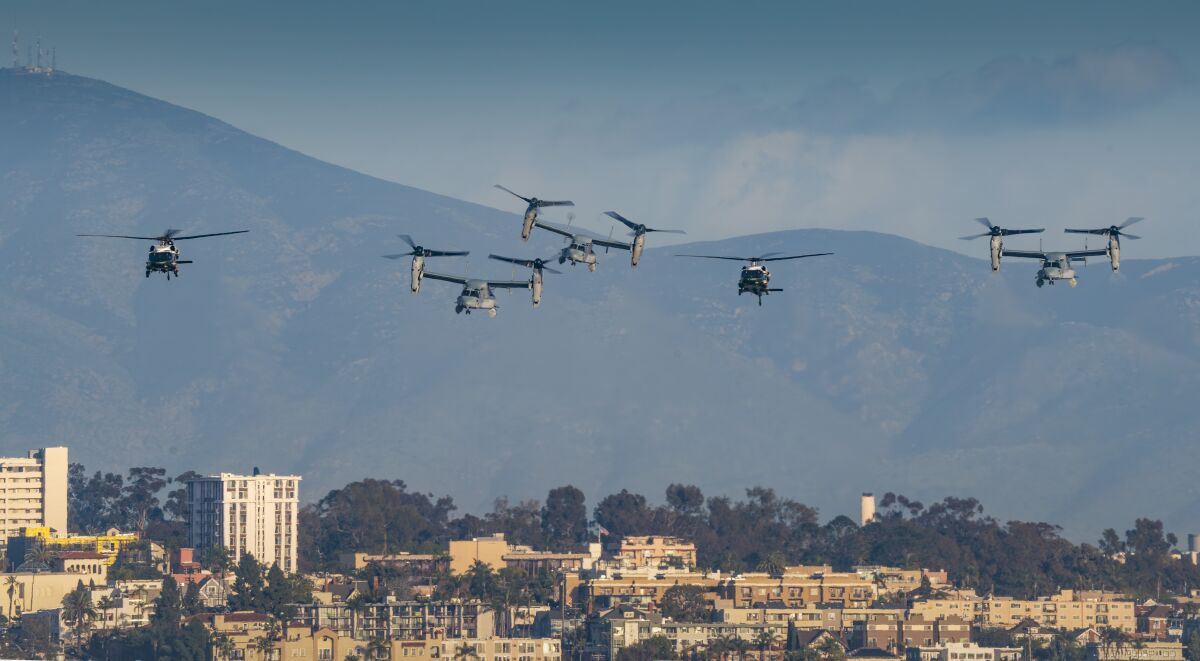 President Biden rides in one of two helicopters, escorted by Ospreys, from the San Diego airport to a Rancho Santa Fe event.
