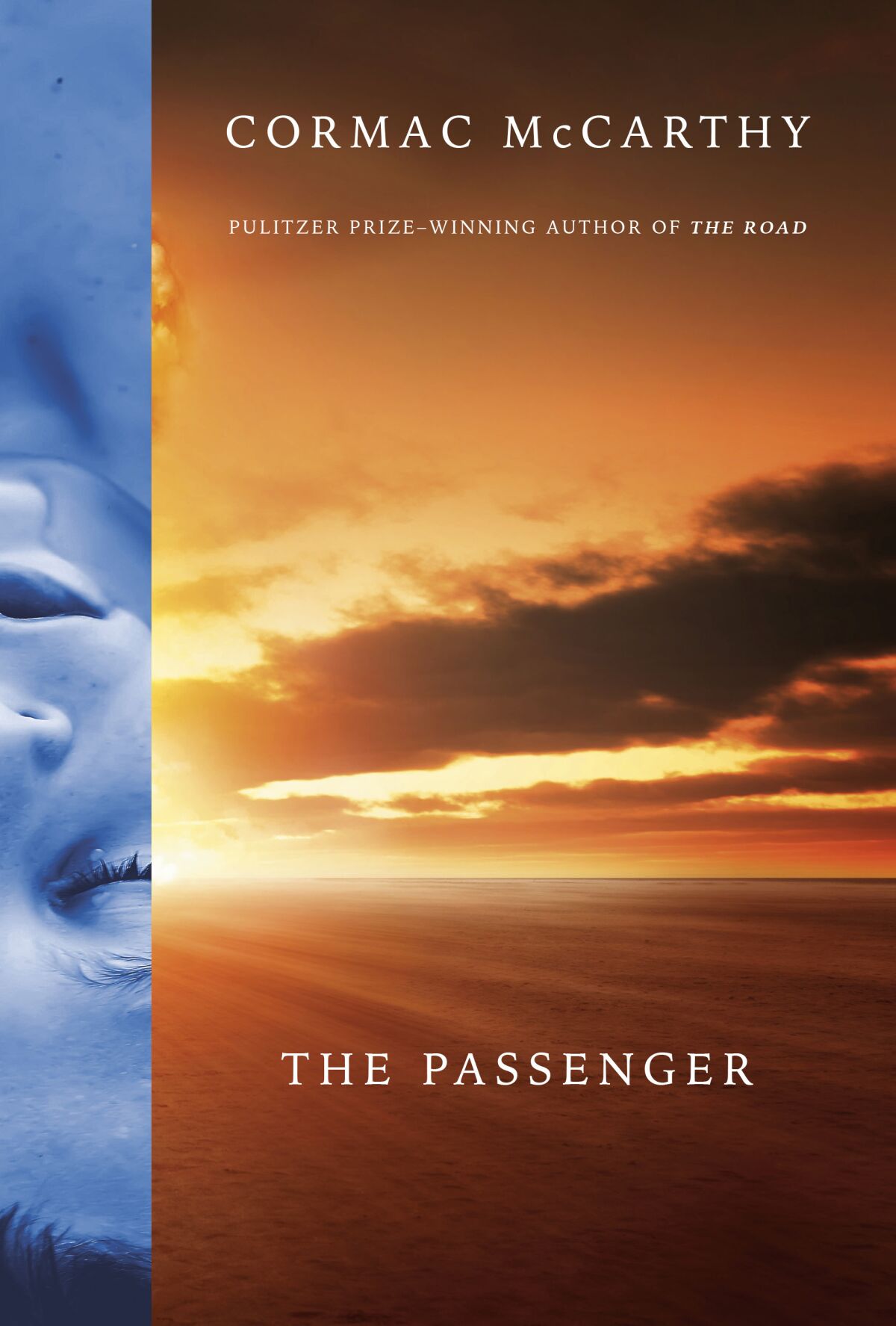 book cover for "The passenger," by Cormac McCarthy shows sunbeams through clouds over the ocean