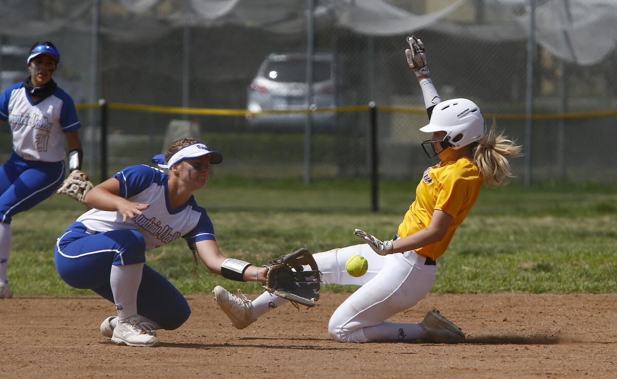 Ocean View's Kaitlyn Conklin, right, slides as she steals second base during the third inning against Fountain Valley.