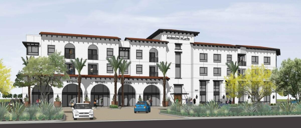 An architectural rendering of the entrance to Mission Flats from Douglas Drive.