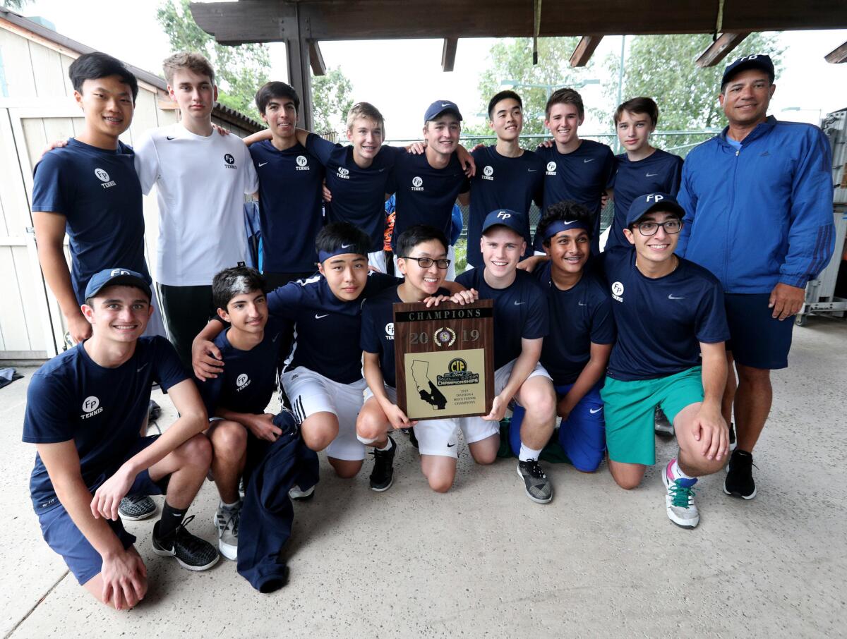 Flintridge Prep tennis team celebrates their win vs. Maranatha High in the CIF Southern Section 2019 Boys Team Tennis Championships, division 4, at The Claremont Club in Claremont on Friday, May 10, 2019.