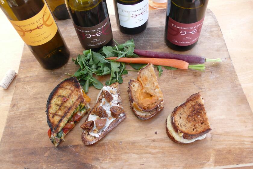 Dragonette Cellars: Grilled Cheese sandwiches paired with wines, the sandwiches left to right: The Freshie, the Crostini, the Cheddar and the Gruyere.