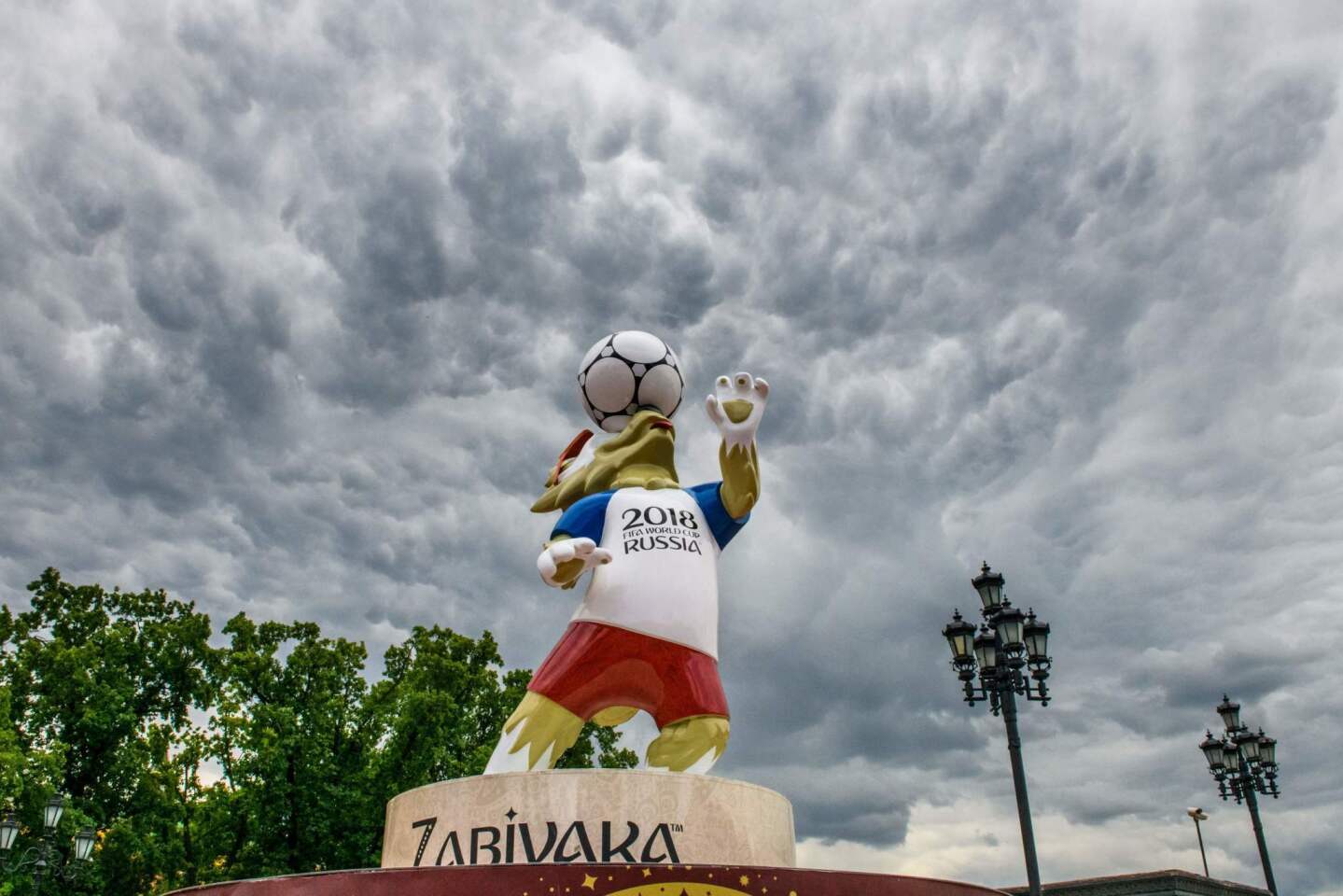 A statue of Zabivaka, the official mascot for the 2018 FIFA World Cup, is seen on Manezhnaya Square in downtown Moscow on June 7, 2018.