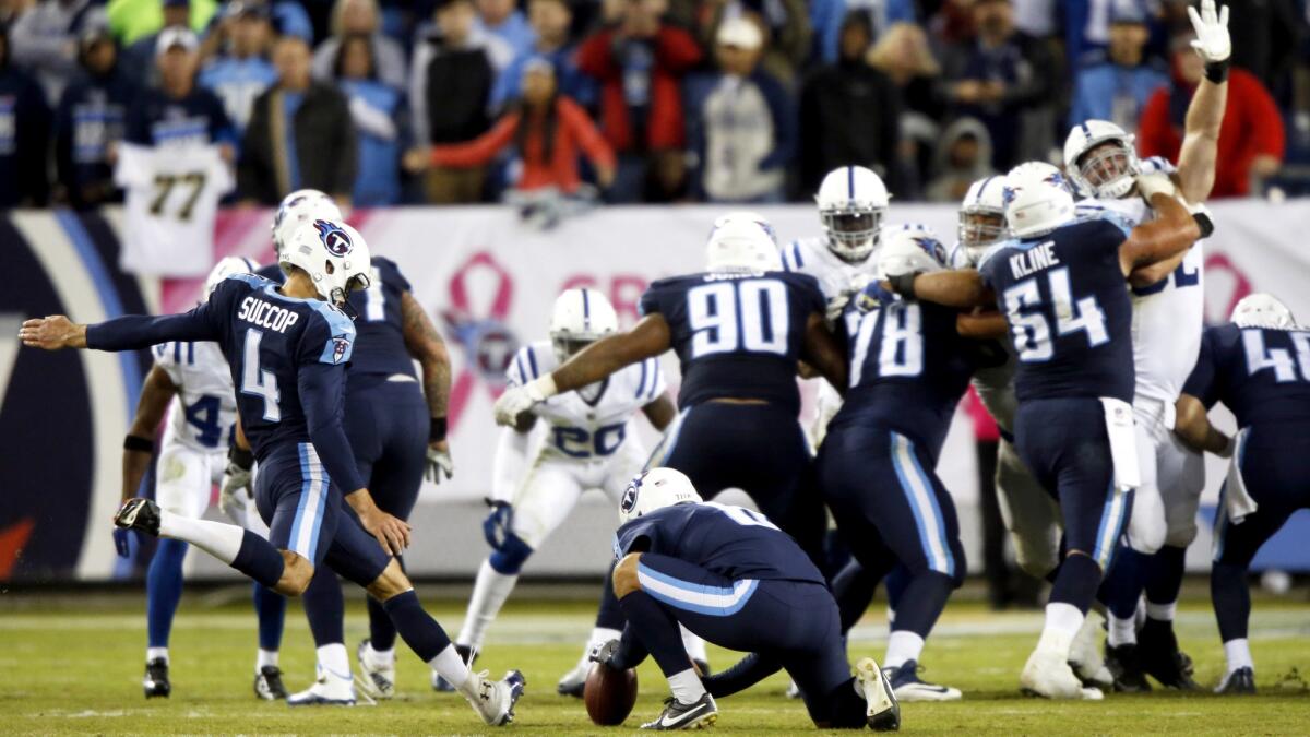 Tennessee Titans kicker Ryan Succop attempts a field goal during a game against the Colts earlier this season.