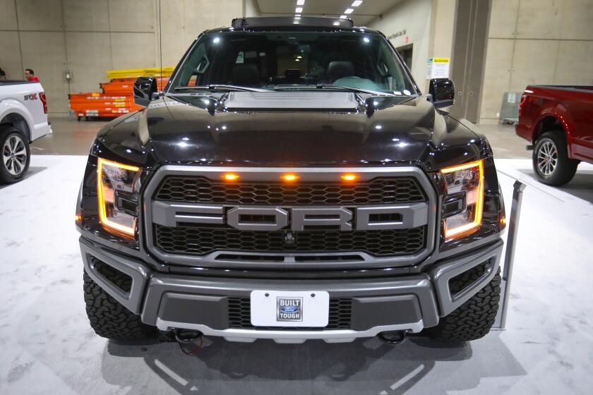 A 2020 Ford F-150 Raptor pickup truck in the Ford display space at the San Diego Convention Center, December 31, 2019 in advance of the San Diego International Auto Show that opens on New Year's Day, January 1, and runs through Sunday, January 5.