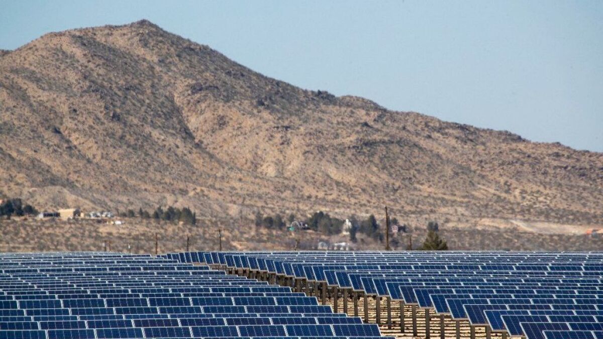 A view of a smaller-scale commercial solar project in Lucerne Valley, Calif., seen on Feb. 25, 2019.