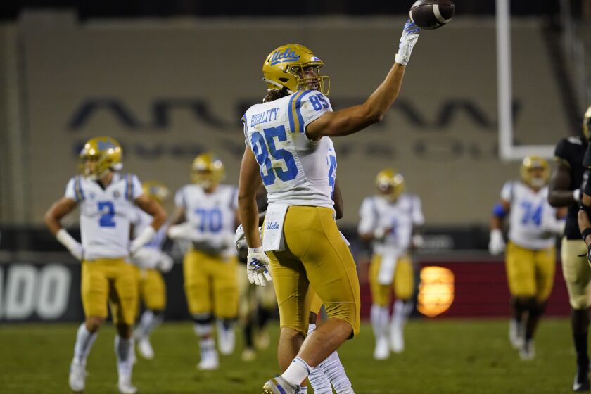 UCLA tight end Greg Dulcich (85) in the second half of an NCAA college football game Saturday, Nov. 7, 2020, in Boulder, Colo. Colorado won 48-42. (AP Photo/David Zalubowski)