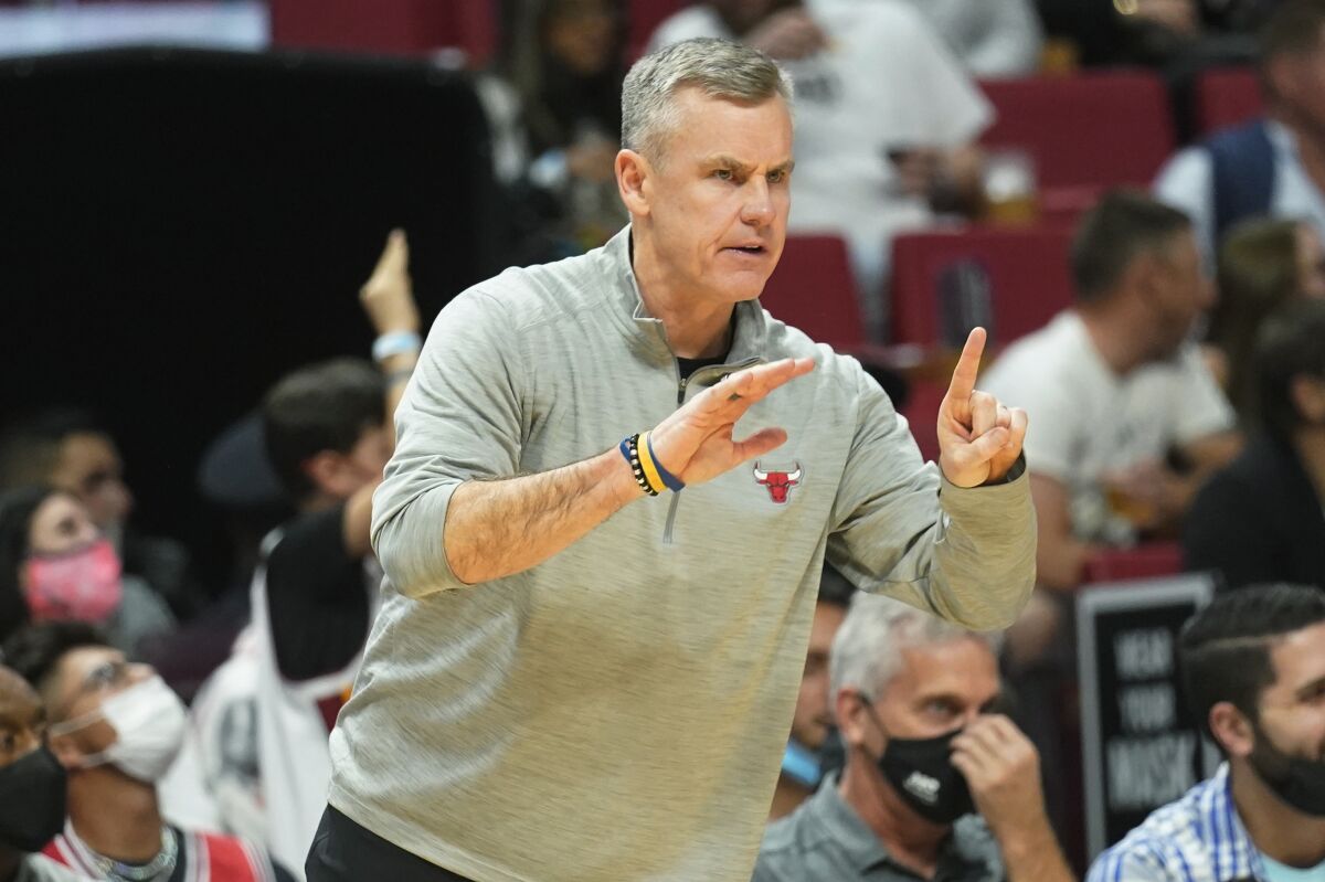 Chicago Bulls head coach Billy Donovan gestures during the first half of an NBA basketball game against the Miami Heat, Saturday, Dec. 11, 2021, in Miami. (AP Photo/Marta Lavandier)