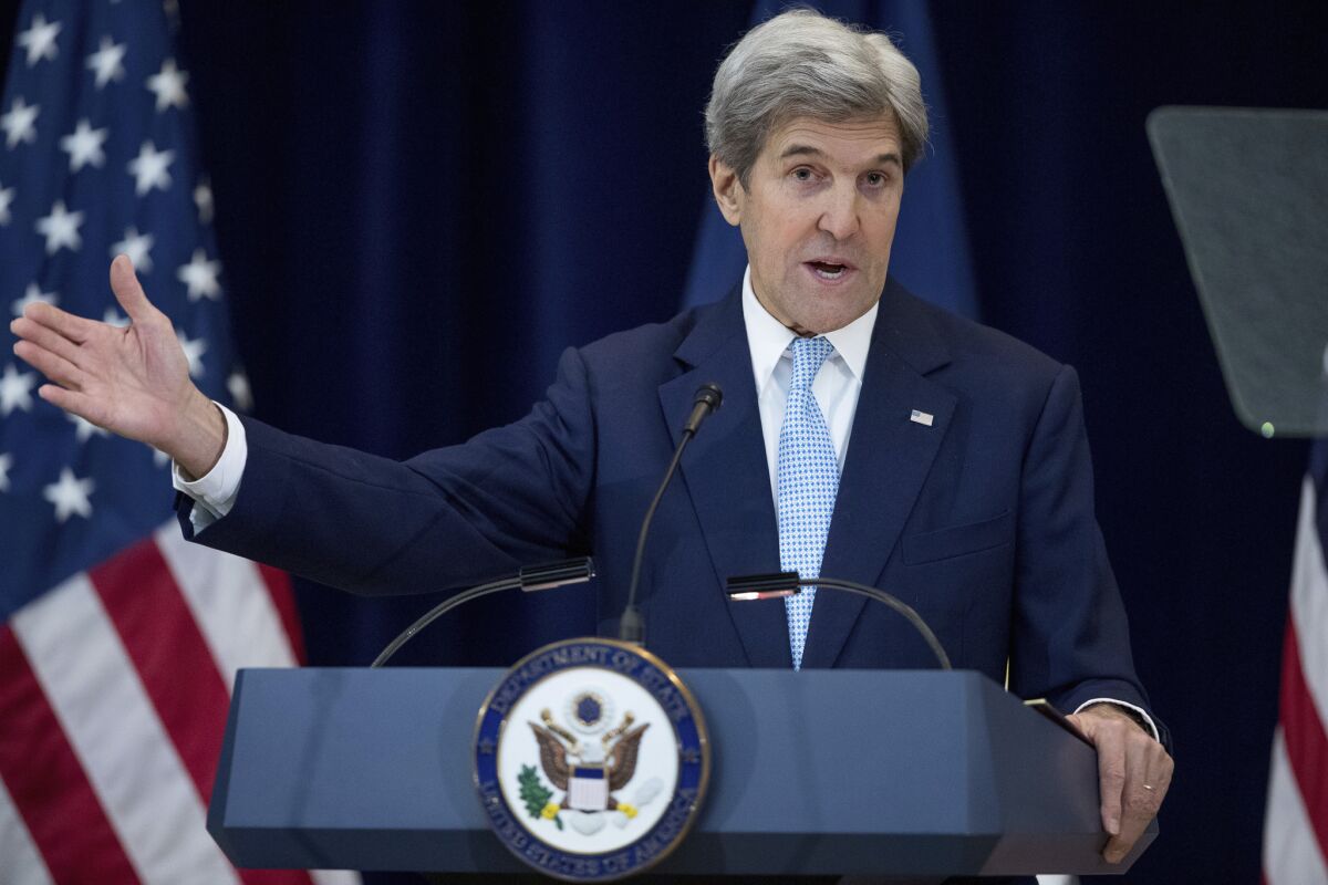 Secretary of State John Kerry speaks at the State Department in Washington on Wednesday.