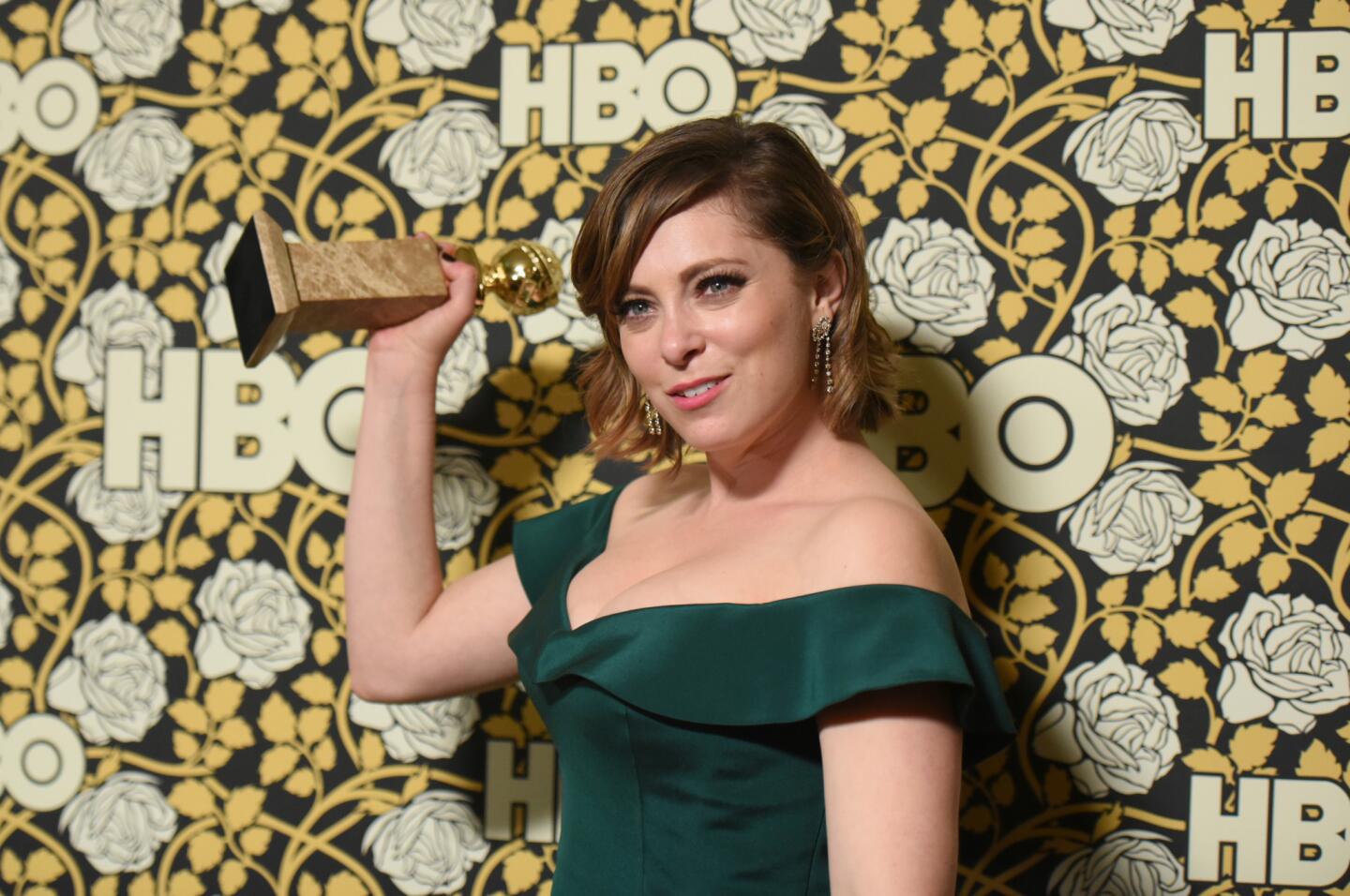 "Crazy Ex-Girlfriend's" Rachel Bloom with her Golden Globe for actress in a TV musical or comedy series at the HBO party.