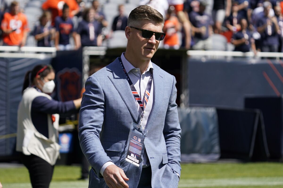 FILE - Chicago Bears general manager Ryan Pace walks on the field before the team's NFL preseason football game against the Miami Dolphins in Chicago, Aug. 14, 2021. The Chicago Bears decided to make sweeping changes and fired general manager Ryan Pace and coach Matt Nagy on Monday, Jan. 10, 2022, hoping new leadership in the front office and on the sideline will lift a struggling franchise. (AP Photo/Nam Y. Huh, File)