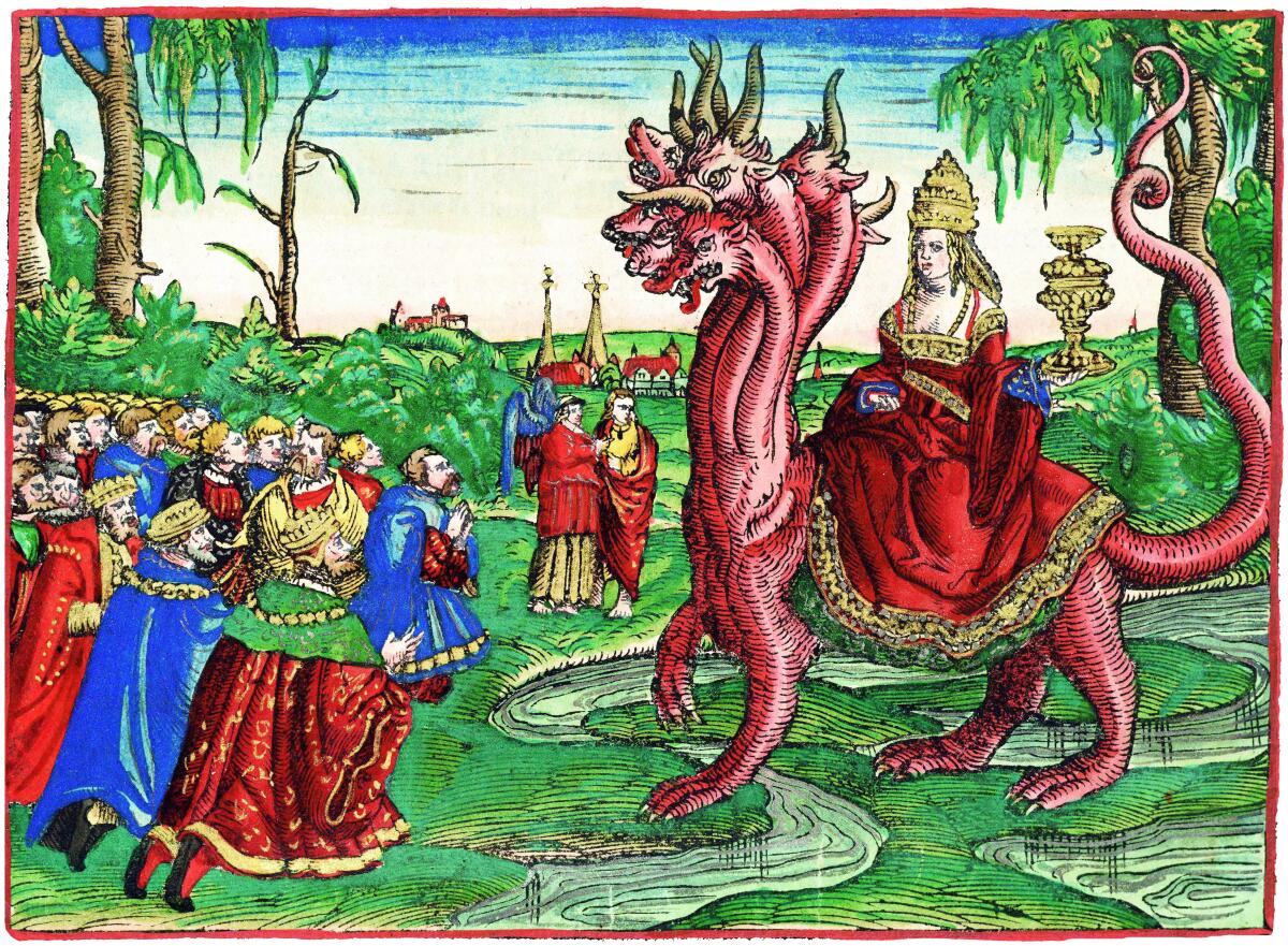 A biblical illustration depicts a crowd kneeling before a woman riding a monster.