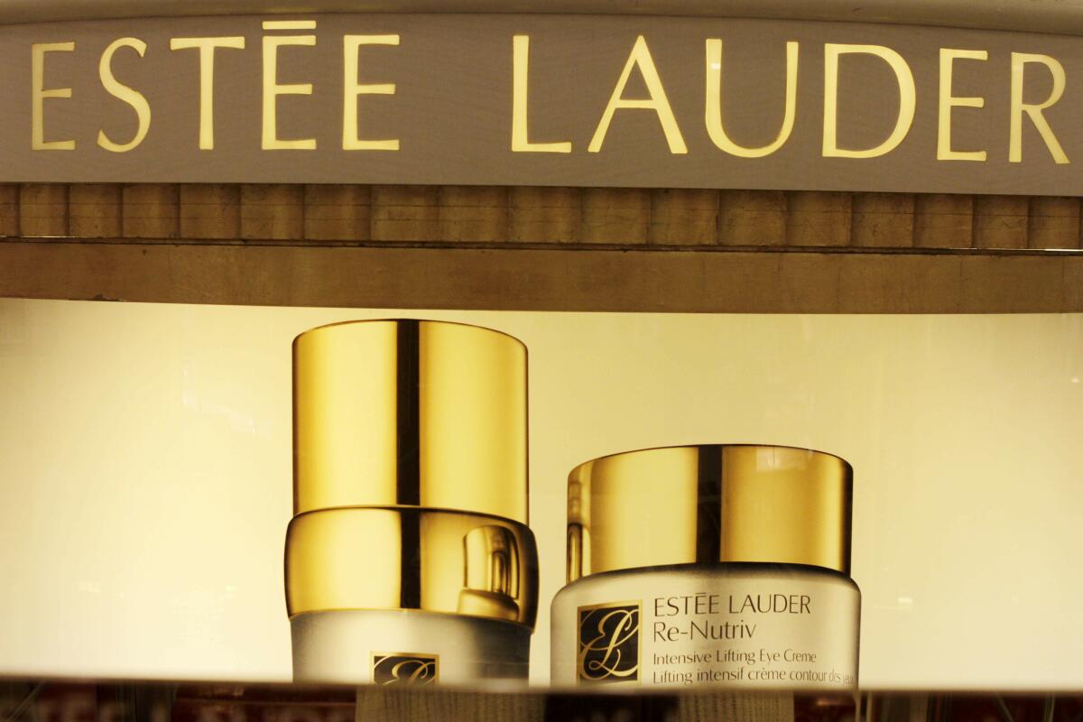FILE - In this Nov. 2, 2011 file photo, Estee Lauder products are displayed at a department store in S. Portland, Maine. Estee Lauder’s fiscal first-quarter performance topped Wall Street’s view, Wednesday, Nov. 2, 2022, but the beauty products company lowered its full-year outlook partly on concerns tied to the zero-tolerance COVID-19 policy in China, a key market for its sales. (AP Photo/Pat Wellenbach, File)
